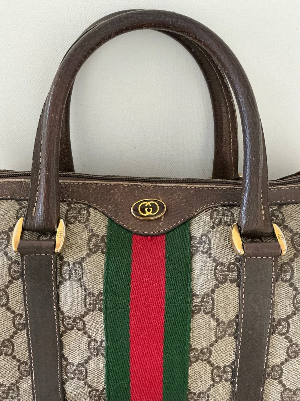 Gucci Vintage GG Supreme Boston Bag Web Stripe Satchel Brown Monogram - Picture 4 of 16